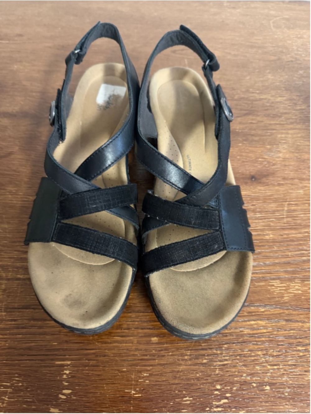Clarks Black Leather Comfort Wedge Sandals Womens Size 11 Adjustable Slingback